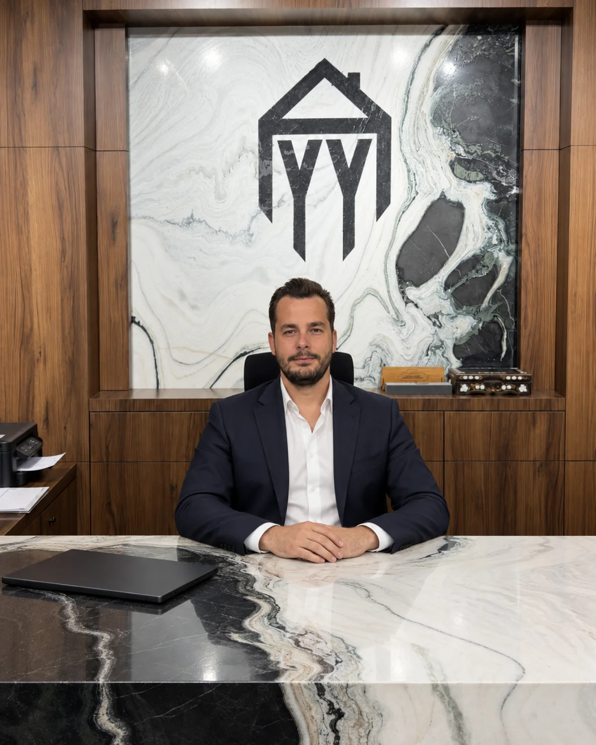 Yasin Yavuz, Nevşehir'deki ofisinde masasında — arkada logolu mermer duvar