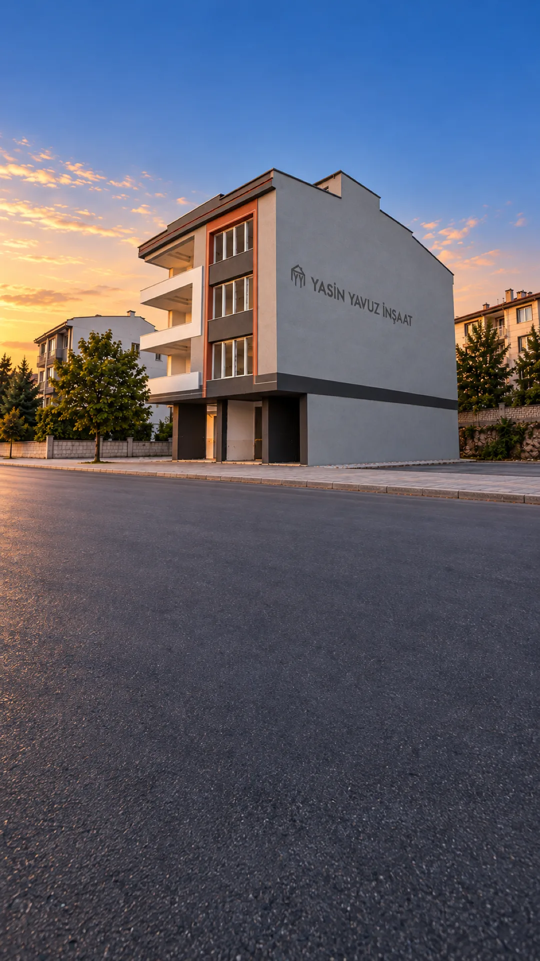 Zübeyde Hanım Caddesi 4.5+1 binası, cephede firma adı — akşam