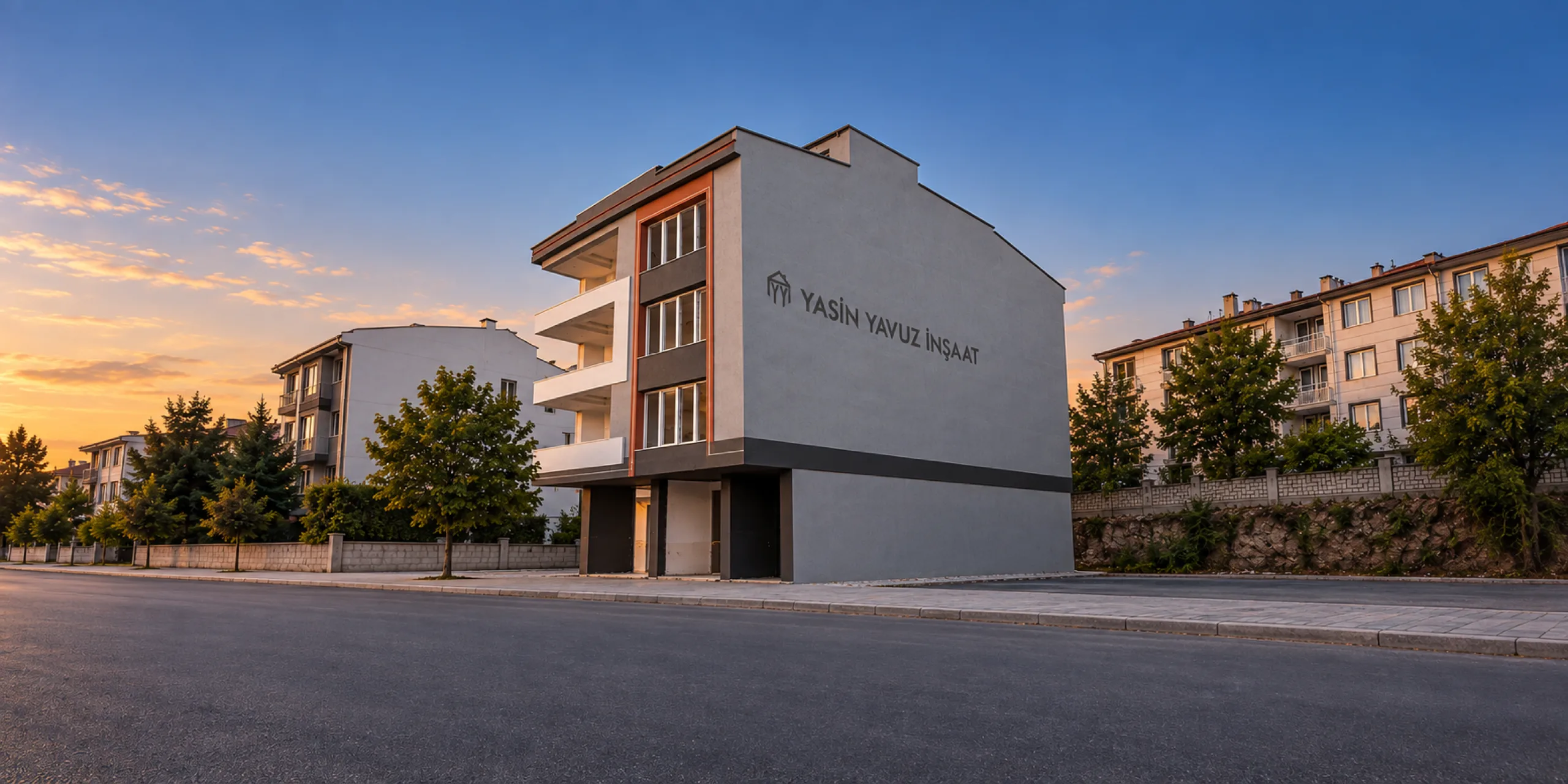 Zübeyde Hanım Caddesi 4.5+1 binası, cephede firma adı — akşam